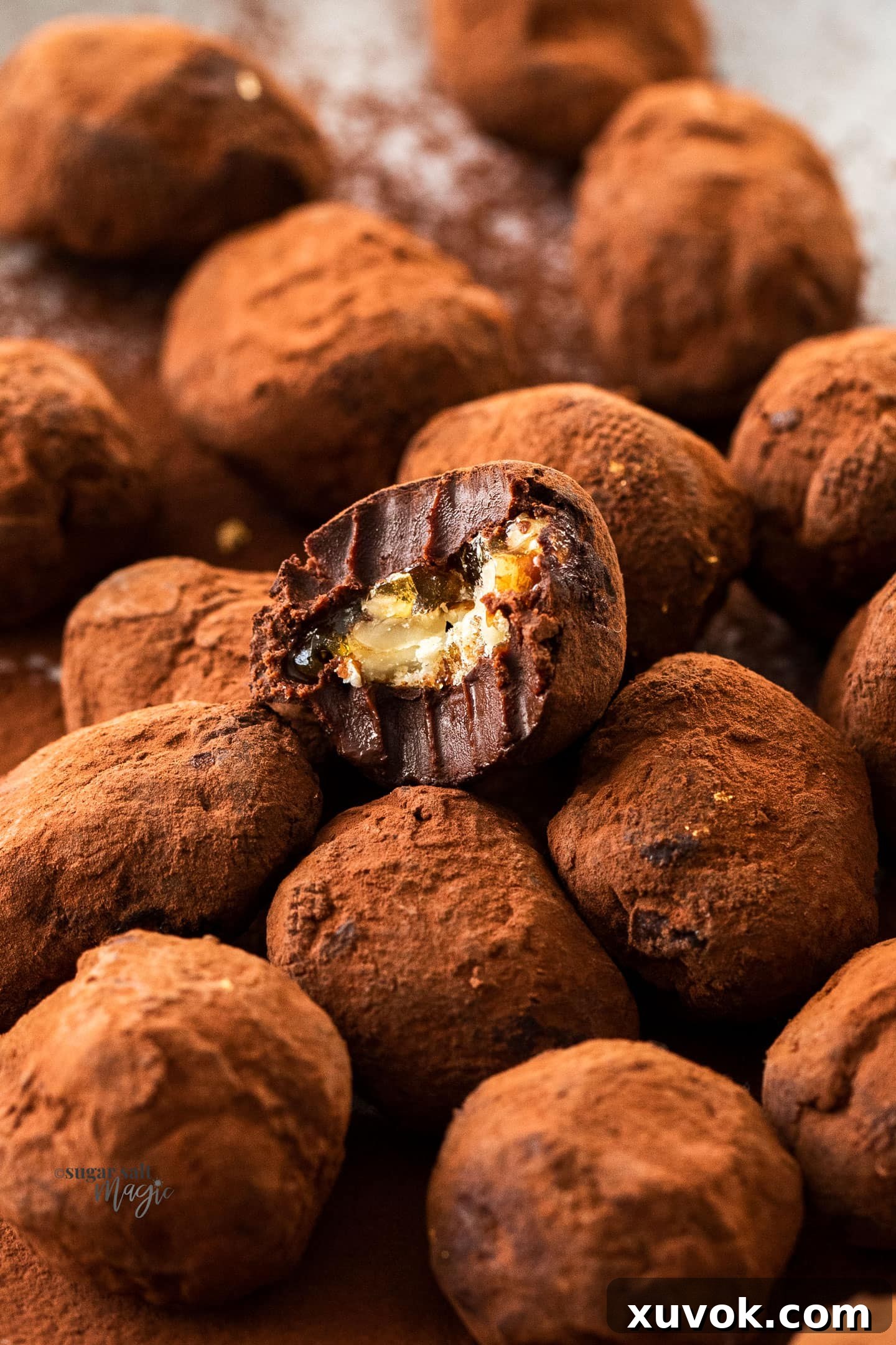 A close-up shot of a Toffee Pecan Chocolate Truffle with a bite taken out, revealing the creamy dark chocolate ganache and the crunchy candied pecan center.