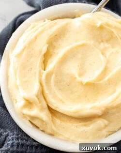 Birdseye view of a bowl filled with vanilla pastry cream