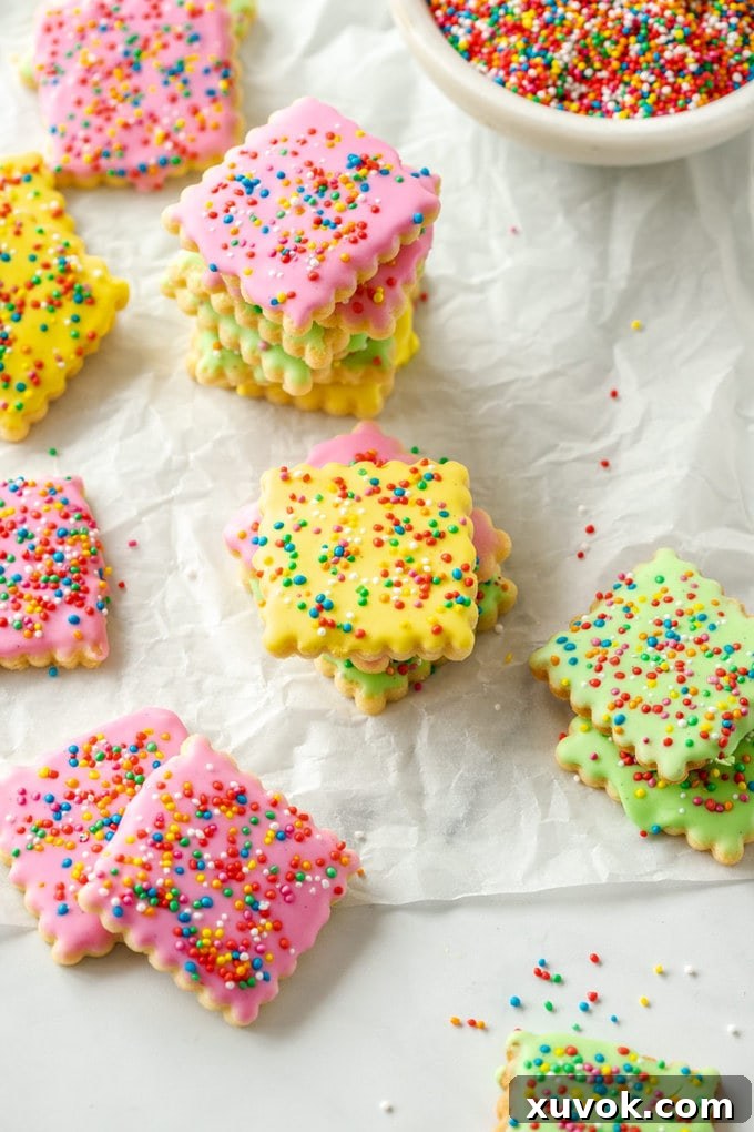 Vibrantly iced sugar cookies adorned with colorful sprinkles, laid out on baking paper next to a bowl of assorted sprinkles.