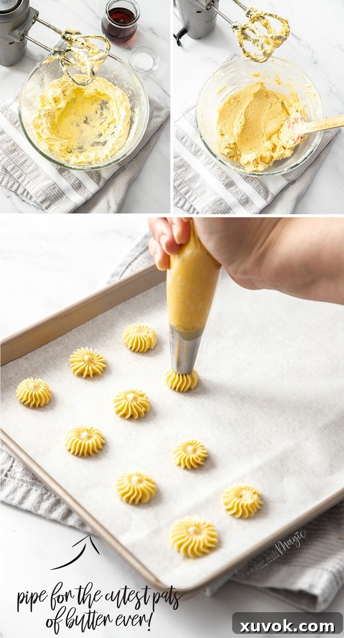 A three-image collage illustrating the process of making whipped maple butter: first, butter being whipped to a light, airy consistency in a bowl; second, a piping bag with a star tip ready for shaping; third, small star-shaped butter pats beautifully arranged on baking paper, ready for freezing.