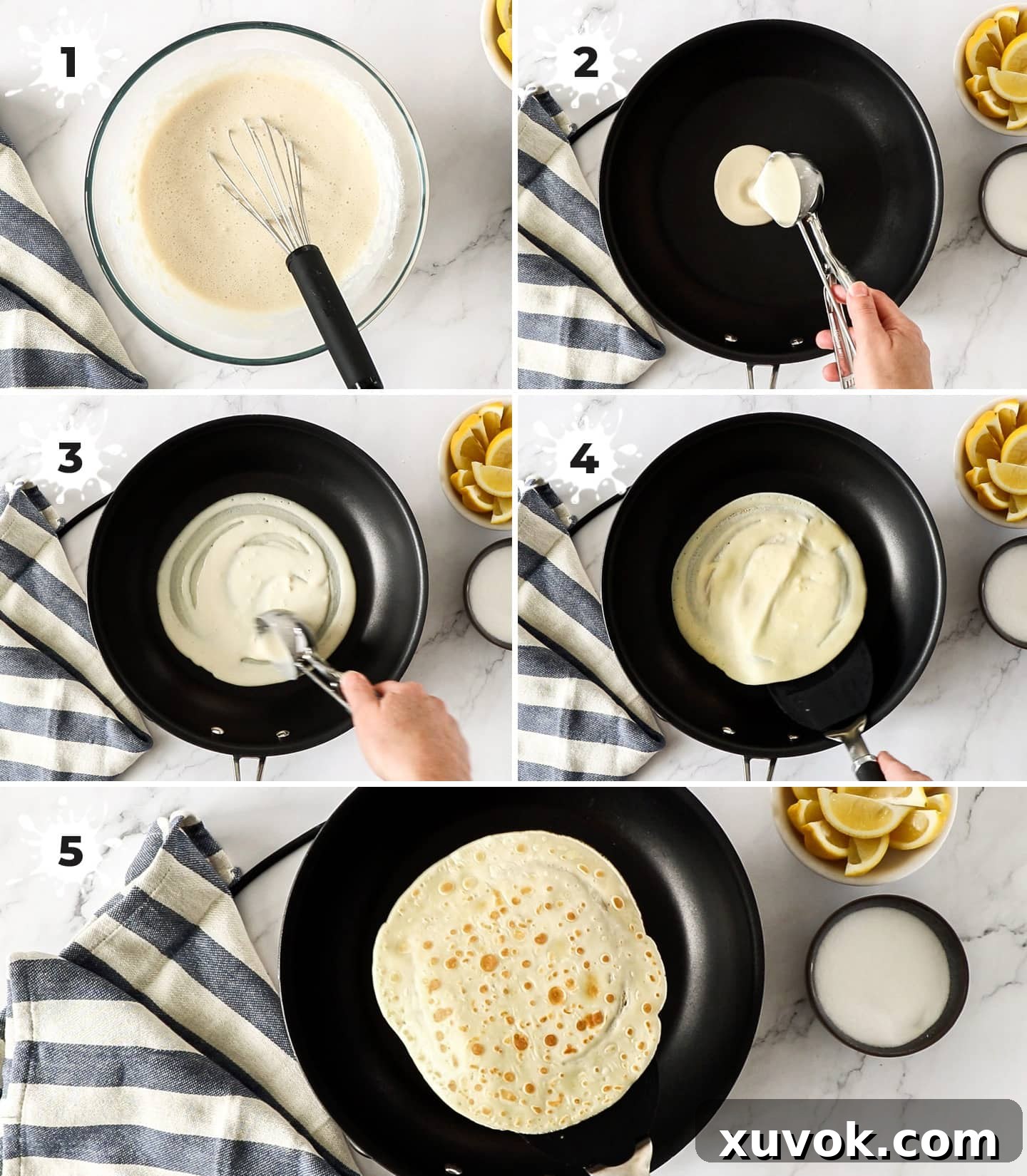 A collage of 5 images showing how to make english pancakes.