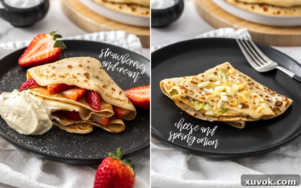 Two images side by side. pancakes filled with strawberries in one and with cheese and onion in the other.