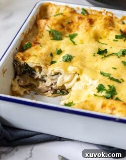 Close up of the inside of chicken lasagna in a white tin