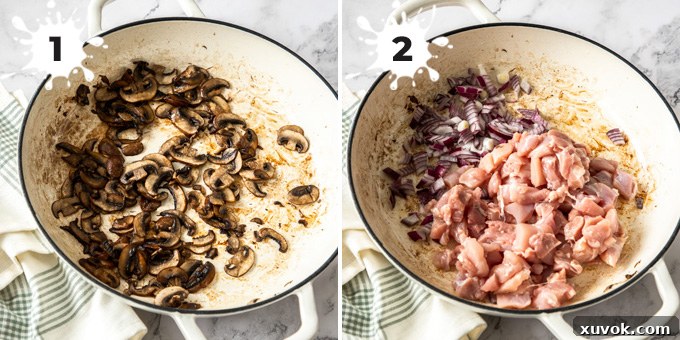 Two separate white pans. One contains golden-brown cooked mushrooms, and the other holds diced red onion and chopped chicken pieces, partially cooked.
