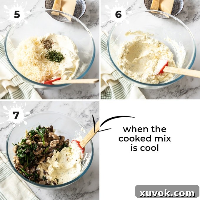 A clear glass bowl filled with a creamy ricotta mixture, combined with sautéed mushrooms, chicken, and spinach, ready for assembly.