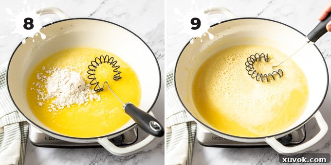 A white pan showing melted butter combined with flour, being whisked into a roux, the foundation for a creamy béchamel sauce.