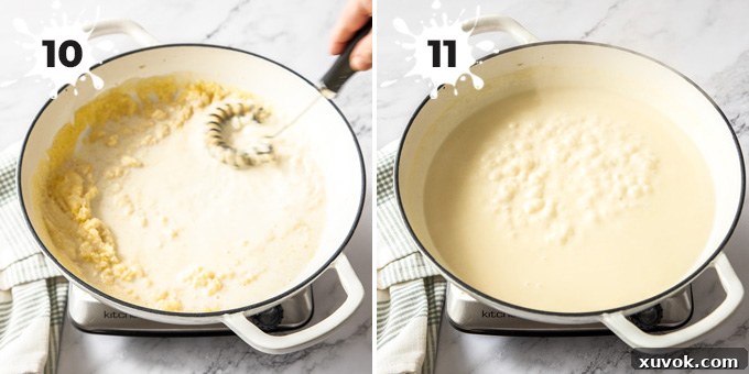 A white pan demonstrating milk being gradually stirred into a roux with a whisk, forming a smooth béchamel sauce for the lasagna.
