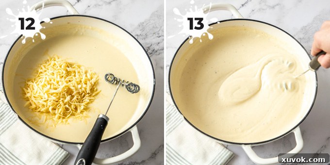 A white pan containing finished béchamel sauce, with grated cheese being whisked in until fully melted and smooth.