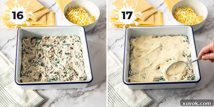 A white baking pan showcasing a layer of chicken and ricotta filling, being topped with creamy béchamel sauce, ready for the next pasta layer.