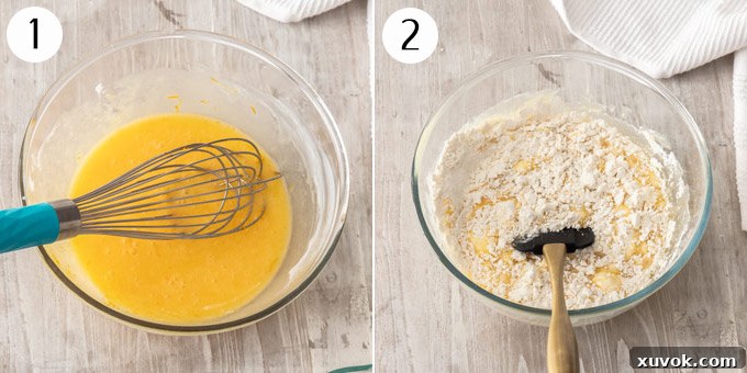 Mixing together wet ingredients (left) and dry ingredients (right) in separate bowls.