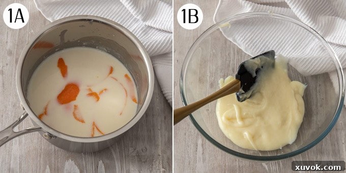 Pieces of orange peel infusing in a saucepan of milk (left). A second image shows the cooked white, thick flour and milk paste (right).