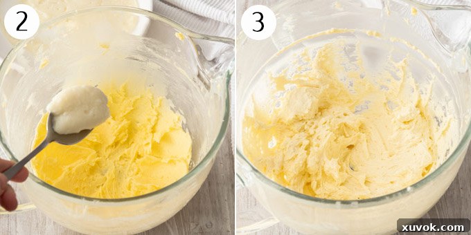Beating together softened butter and caster sugar until light and creamy in a stand mixer.