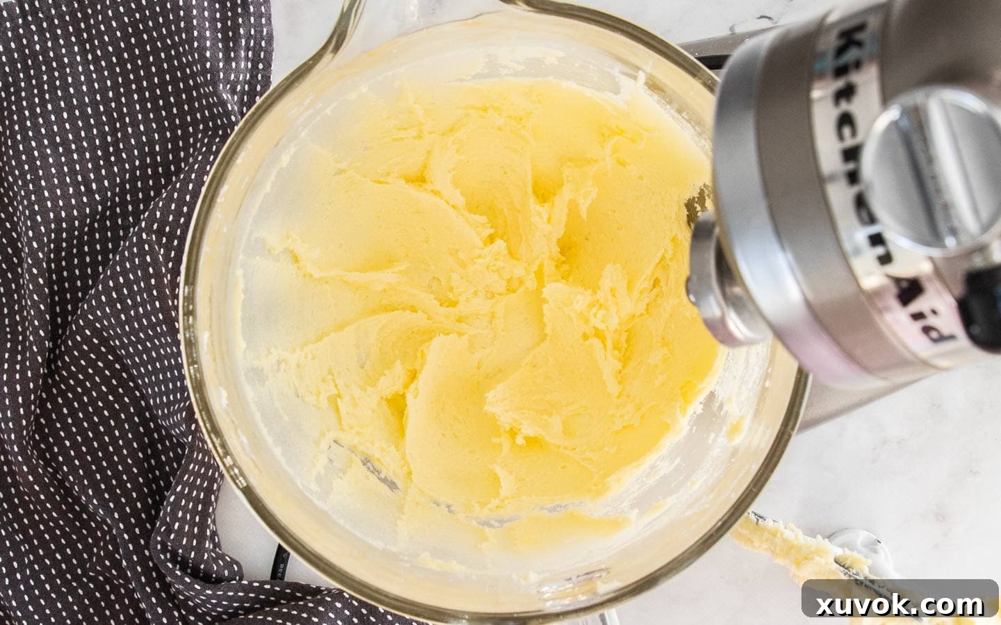 The butter and sugar creamed together to a light and fluffy consistency in a stand mixer bowl.