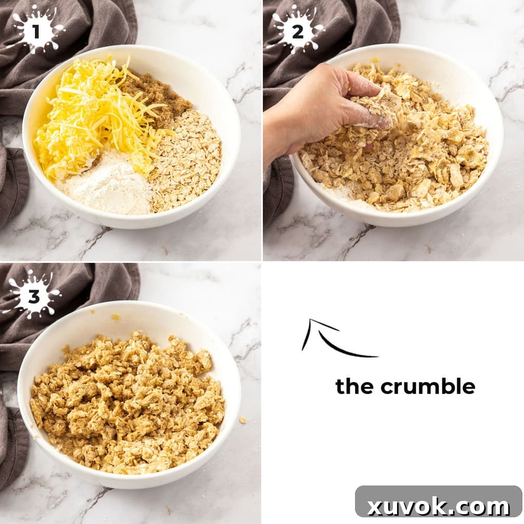 3 images showing how to make the crumble.