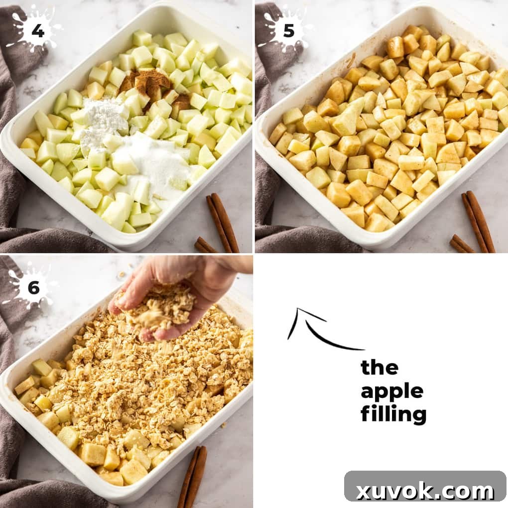3 images showing the apple filling.