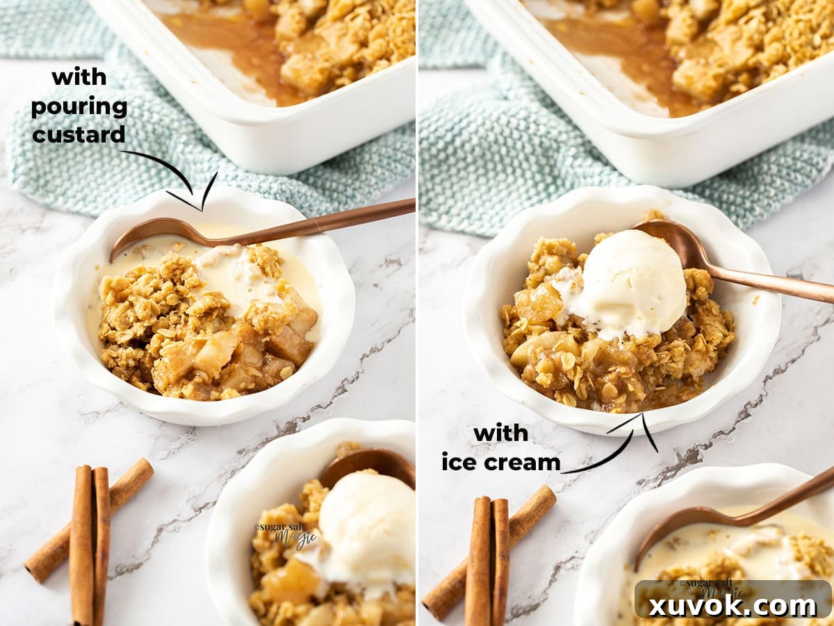 2 images of apple crumble in a small dish - 1 with custard and one with ice cream.