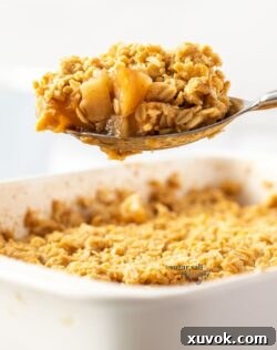 A spoon topped with apple crumble hovering above a dish full