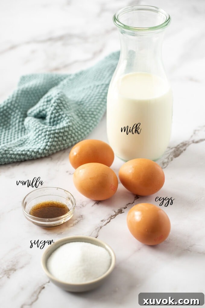 A collection of fresh ingredients laid out, including vibrant yellow egg yolks, a jug of whole milk, granulated sugar, and a bottle of vanilla extract, all ready to be transformed into homemade crème anglaise.