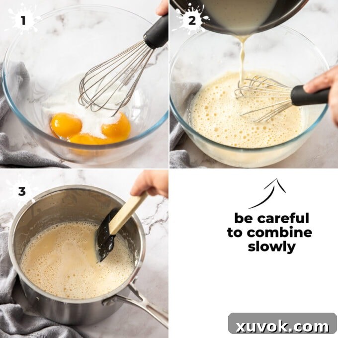 Three sequential images demonstrating the process of making crème anglaise: first, whisking egg yolks and sugar; second, slowly drizzling hot milk into the egg mixture while whisking; and third, heating the combined mixture in a saucepan to thicken.