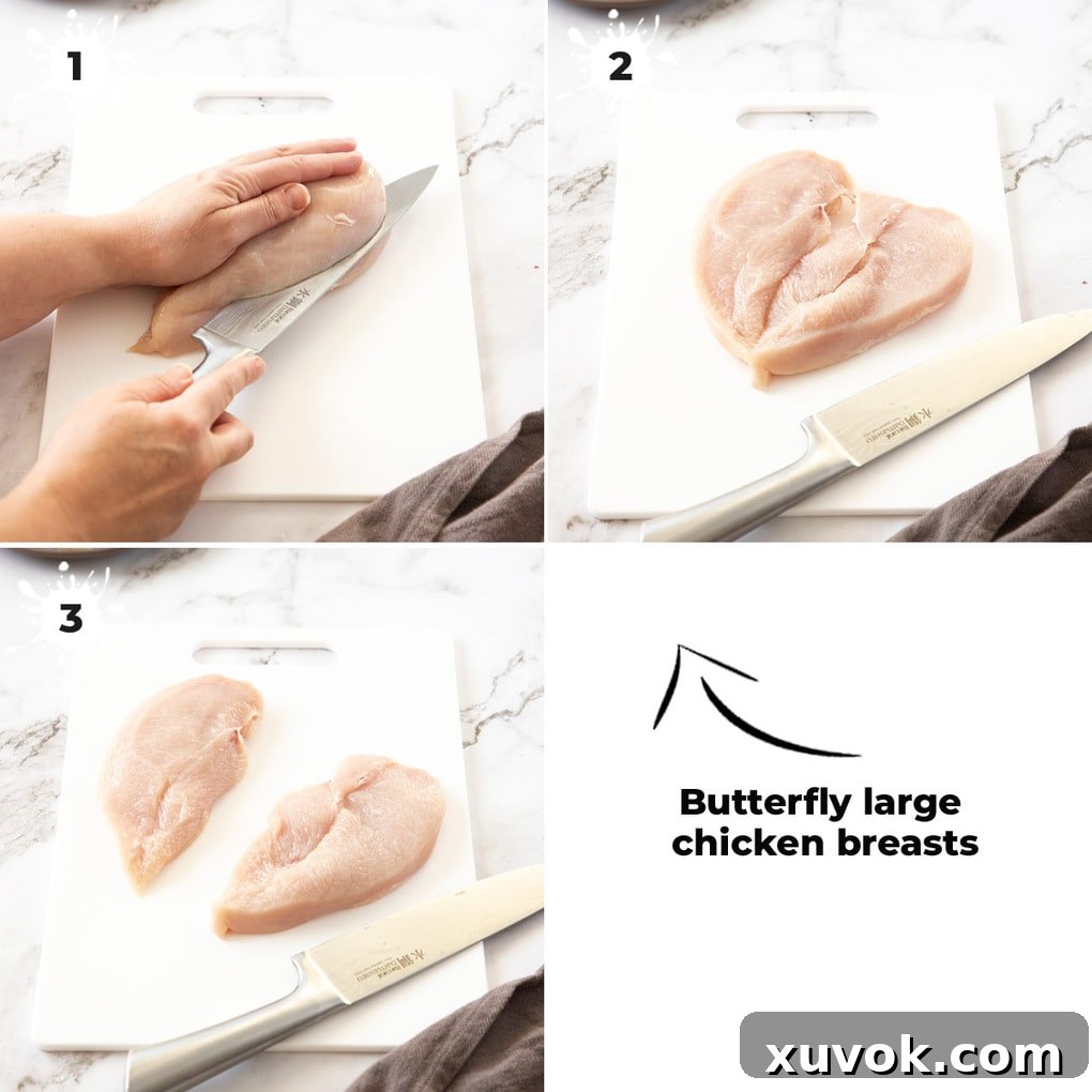 3 images showing the steps to butterfly the chicken.