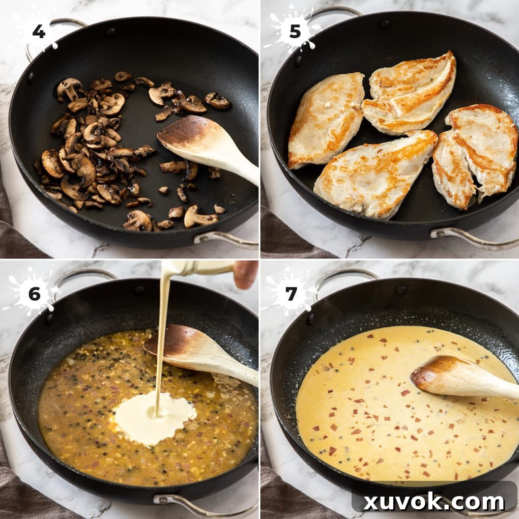 4 images showing the mushrooms and chicken in the pan, then adding the cream to the sauce.