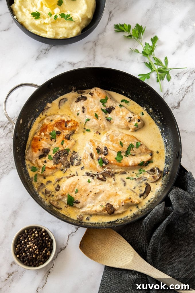 4 chicken breasts in a black skillet in a creamy sauce.