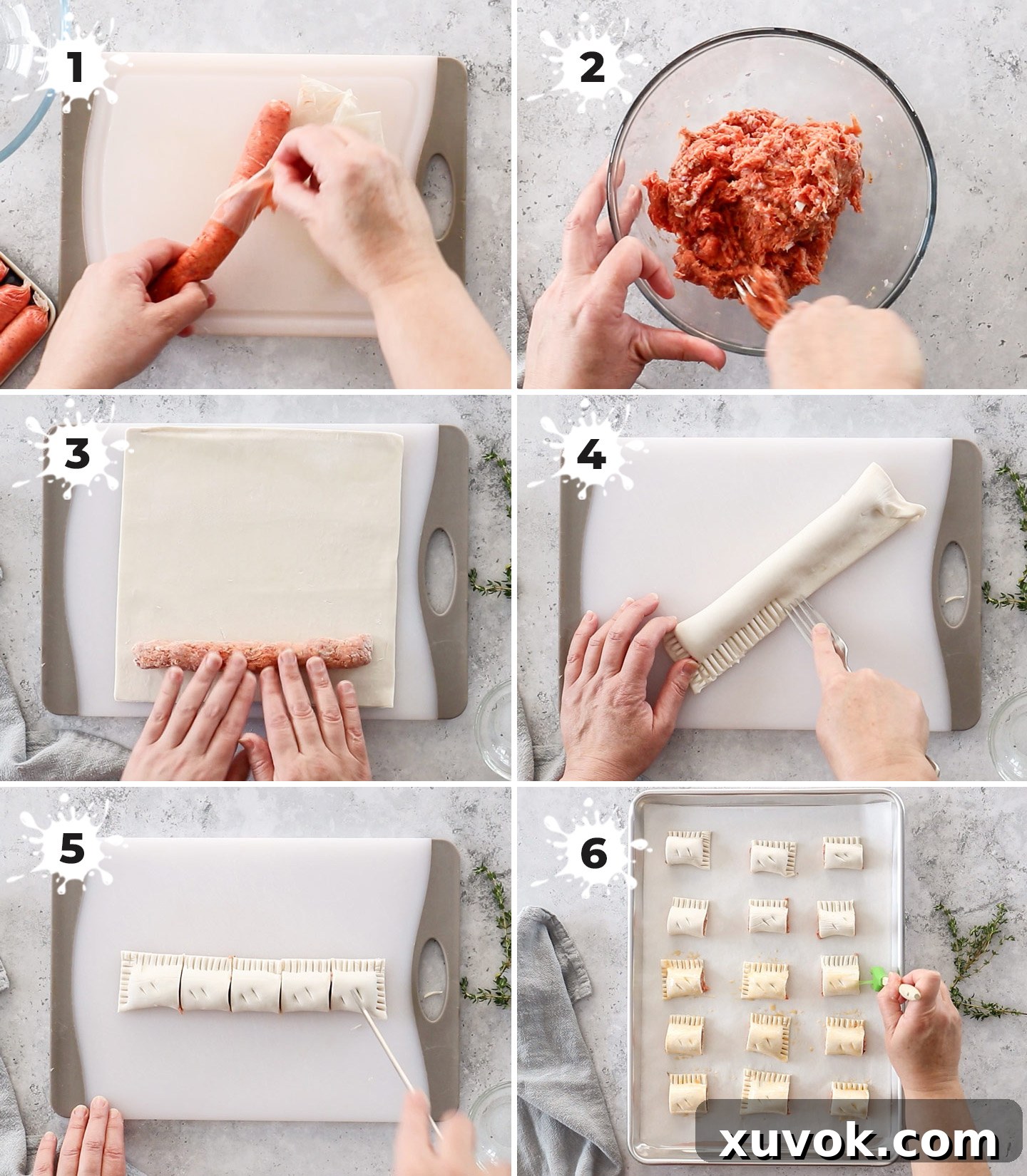 A visual collage illustrating the key steps to making perfect mini sausage rolls, from mixing to rolling and cutting.