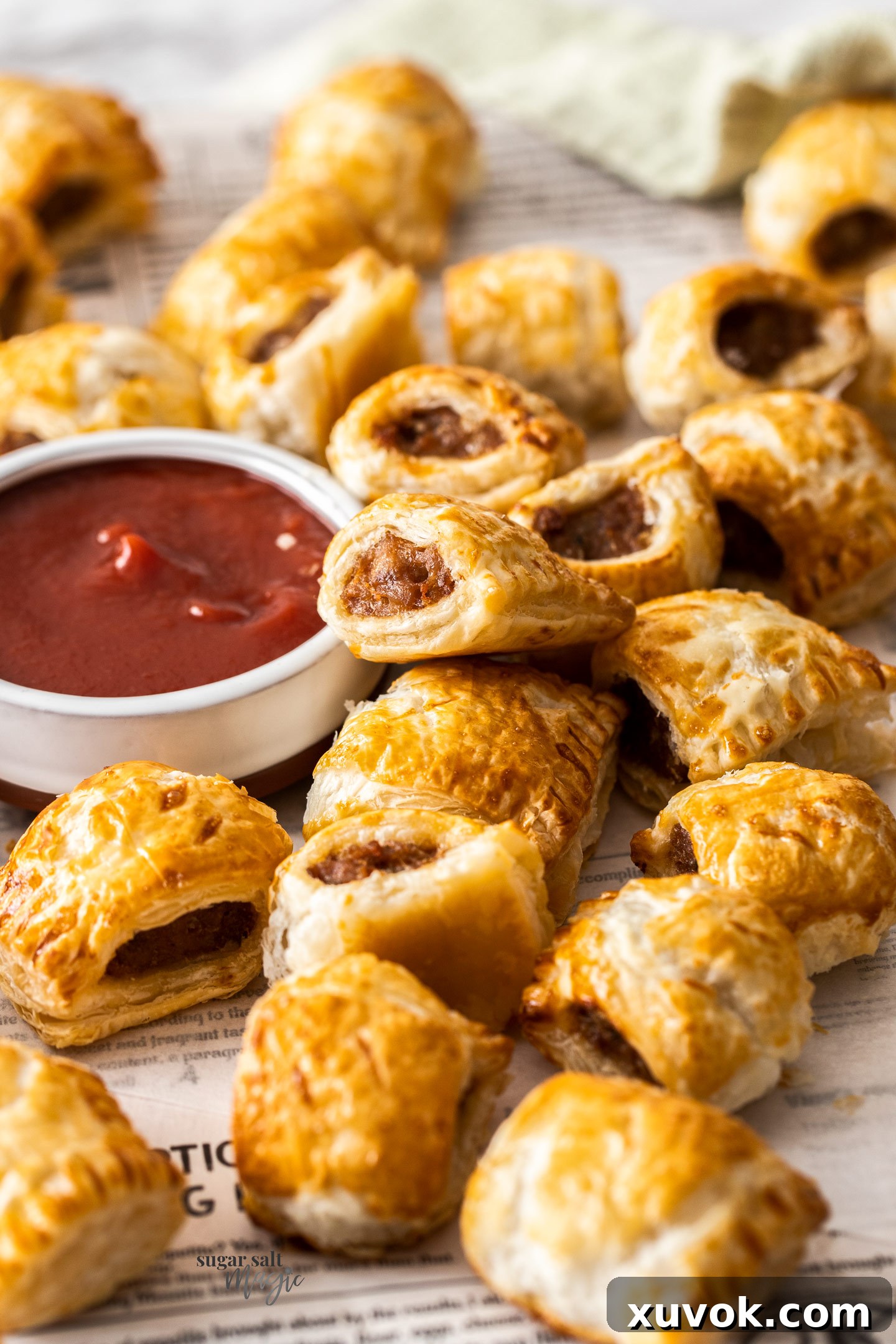 A batch of freshly baked mini sausage rolls, some resting on newspaper for a rustic touch.