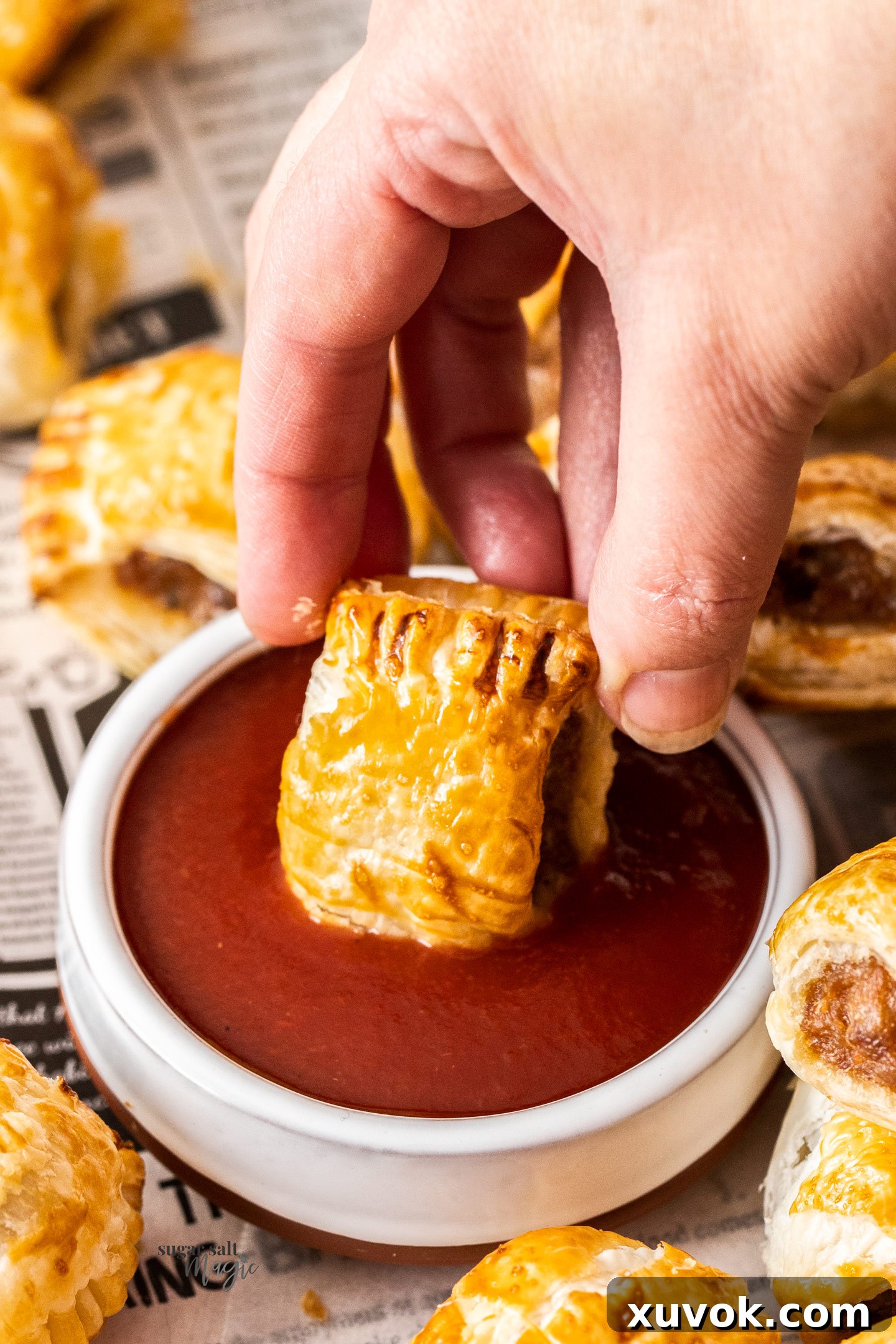 A mini sausage roll being dipped into a dollop of classic red ketchup, highlighting its golden exterior.