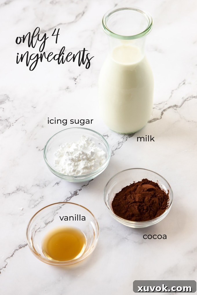 Four core ingredients for chocolate milk: milk, powdered sugar, cocoa powder, and vanilla extract, arranged on a marble countertop