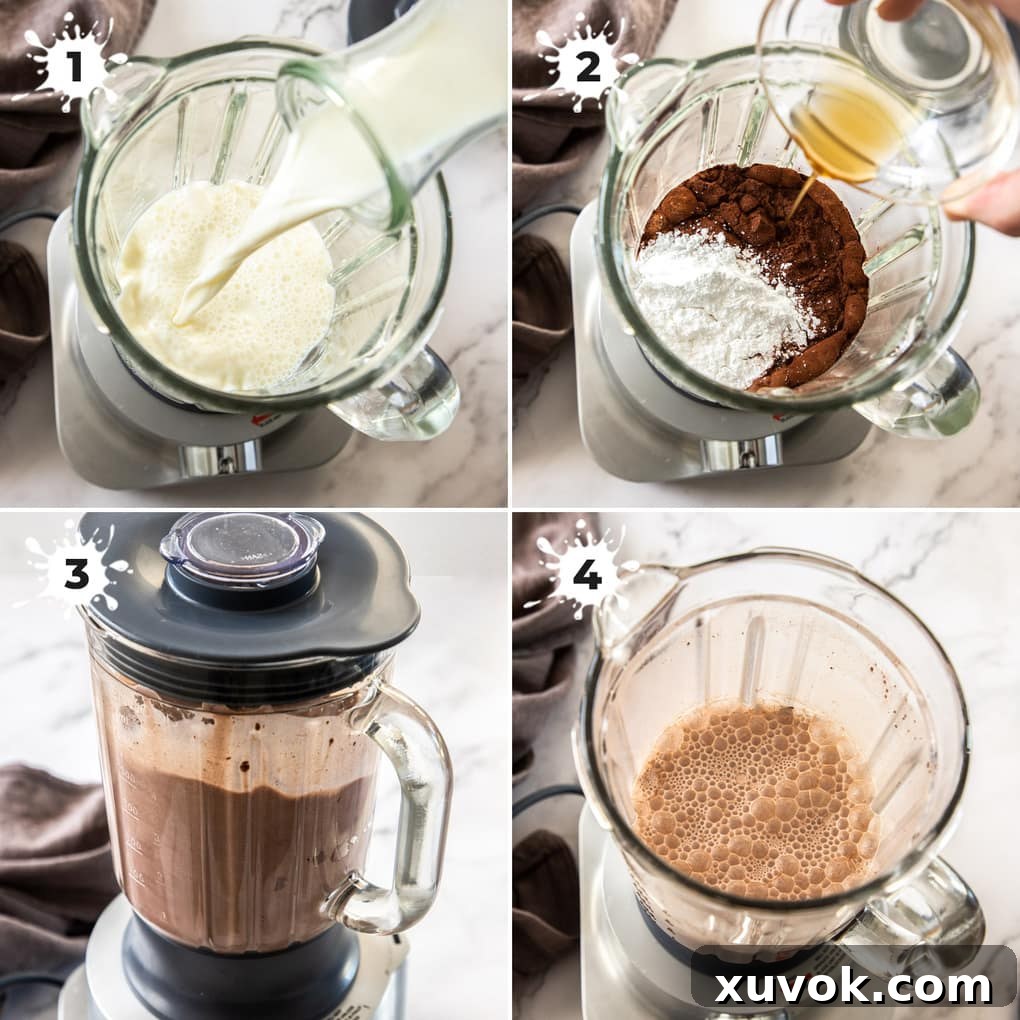 A four-panel collage showing the process of making chocolate milk in a blender, from adding ingredients to the final blended drink