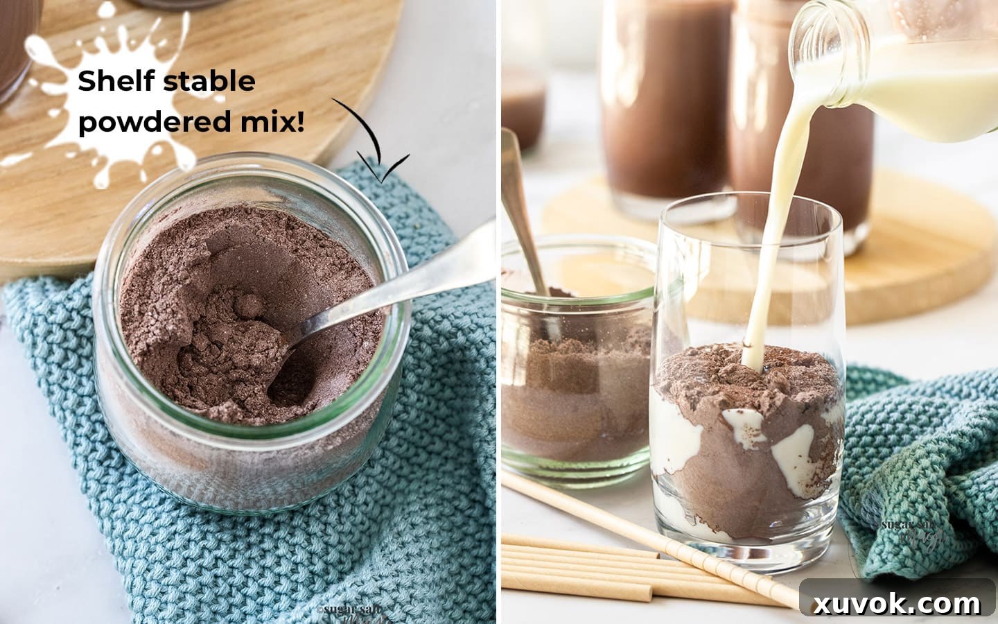 Two images showing homemade chocolate milk powder in a jar and then being mixed with milk in a glass