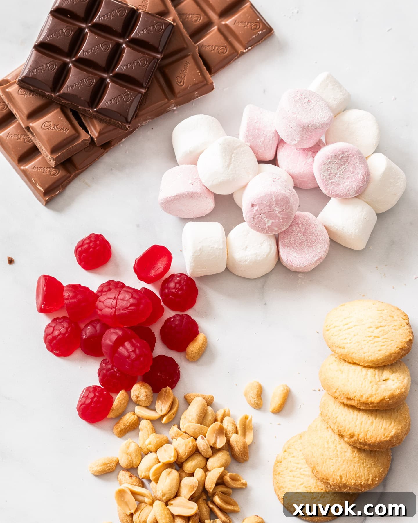 A vibrant selection of ingredients laid out, ready for making the ultimate rocky road dessert.