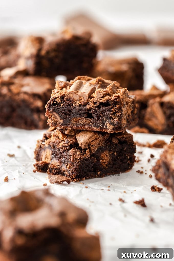 A stack of two fudgy Tim Tam brownies with more artfully scattered in the background, showcasing their rich texture and cookie chunks.