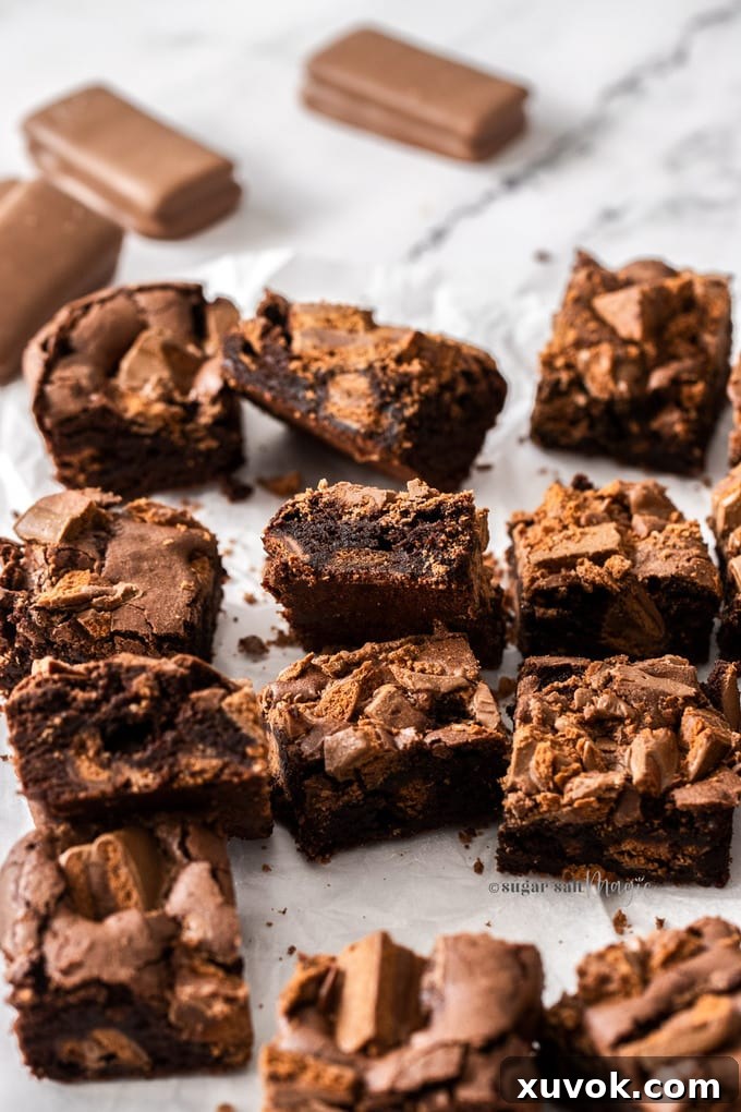 A full batch of 12 rich Tim Tam brownies laid out on white baking paper, with additional Tim Tam biscuits visible in the background, hinting at the key ingredient.
