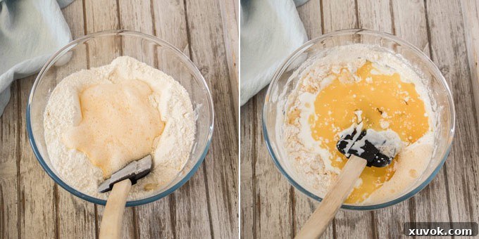 A collage of images demonstrating the steps to mix the cupcake batter for Lamington Cupcakes.
