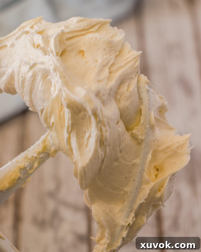 A close-up of light, fluffy whipped vanilla buttercream on a stand mixer paddle attachment.