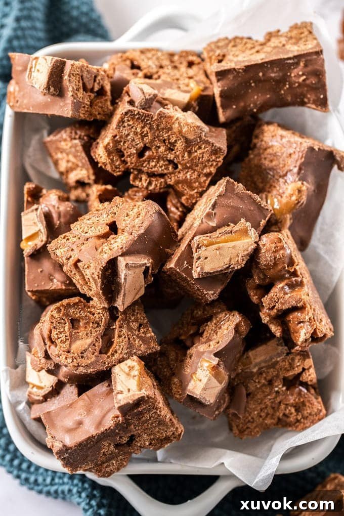 Close-up, top-down view of chocolate cereal treats in a casserole dish.