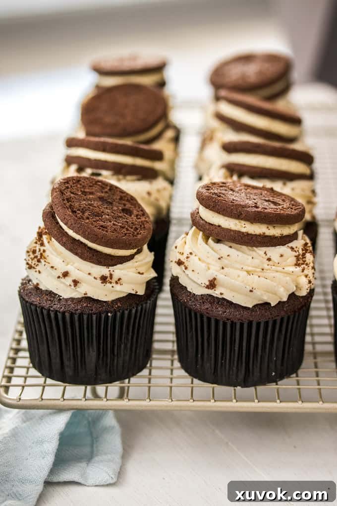 Two rows of exquisite chocolate cookies and cream cupcakes neatly arranged on a tiered gold wire stand, ready for serving.