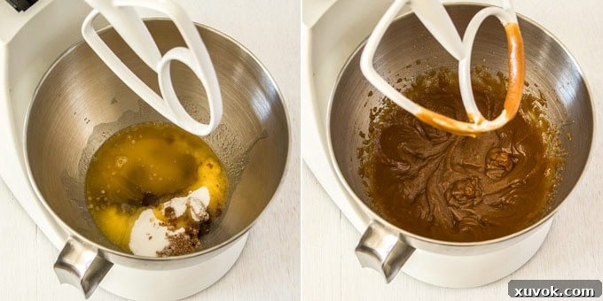 Two images side by side. One shows melted butter and sugars in a metal mixing bowl, the other illustrates the addition of cocoa powder.