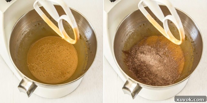 A collage displaying mixed butter and sugar in a metal bowl, followed by the addition of flour and cocoa.