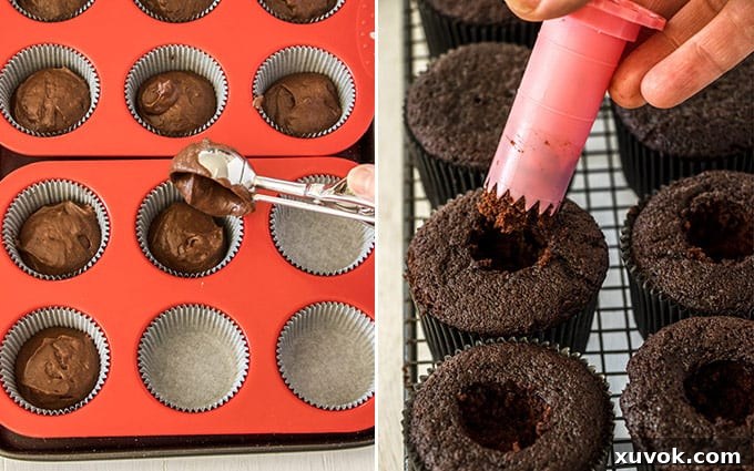 Chocolate cupcake batter being scooped evenly into cupcake liners in a baking tray.