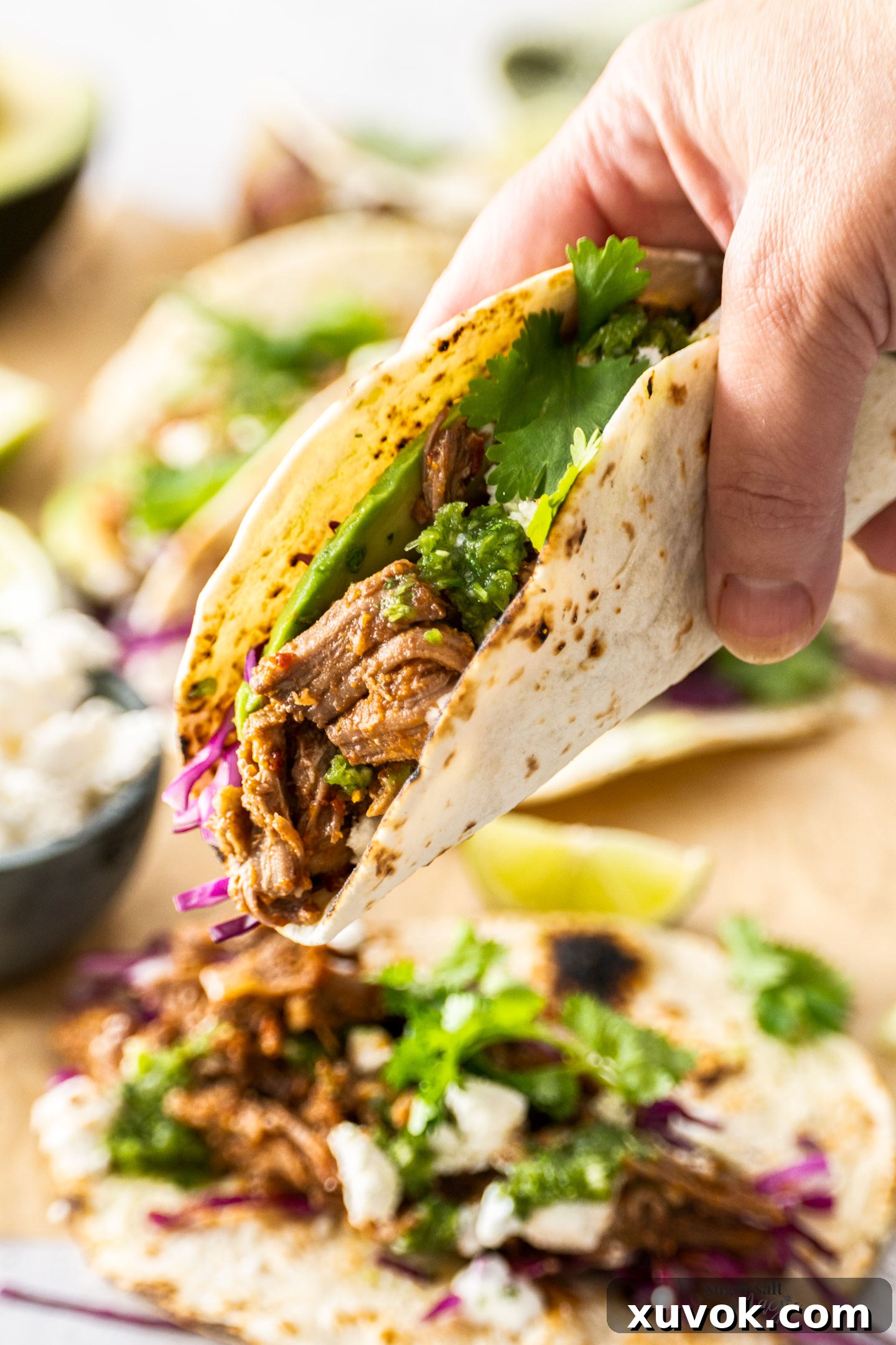 A hand holding a taco to show the filling.