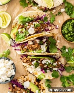 Top down view of short rib tacos showing the fillings.
