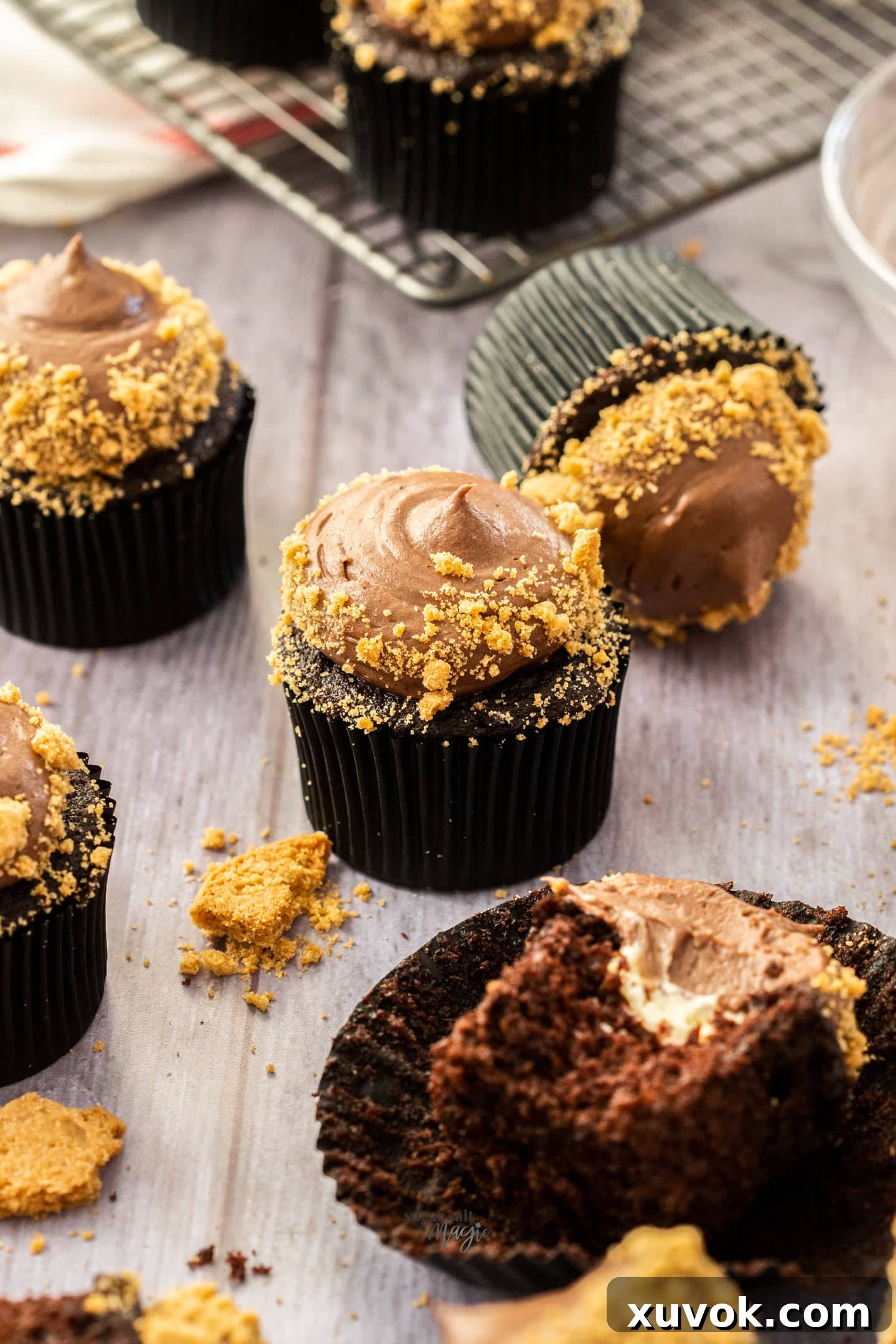 A batch of exquisitely prepared chocolate cheesecake cupcakes resting on a rustic wooden surface, highlighting their rich color and inviting texture.