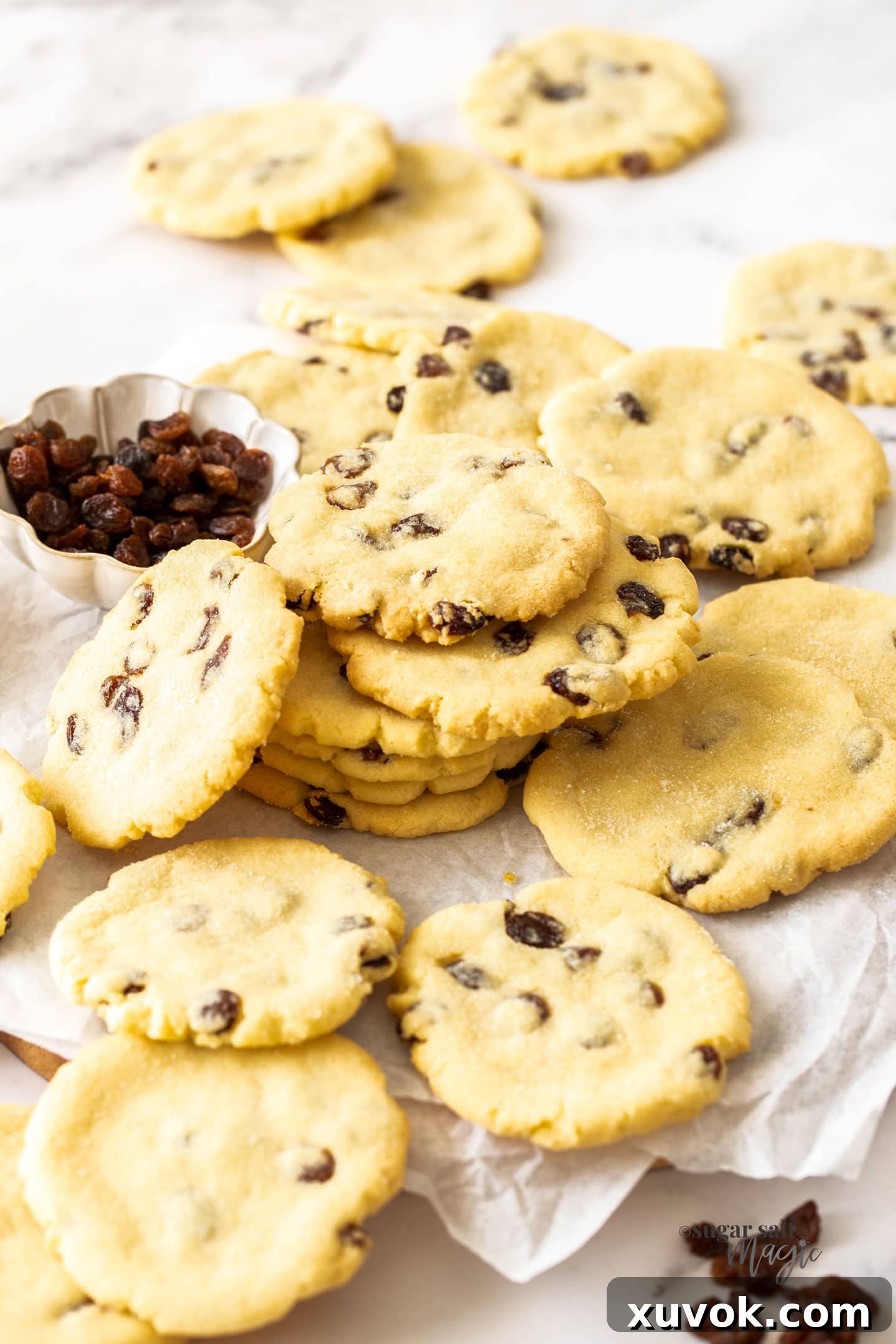A pile of sultana filled cookies with a small bowl of sultanas, showcasing their golden-brown edges and soft centers.