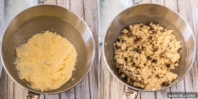 Making the dough for Buttery Sultana cookies in a mixing bowl.