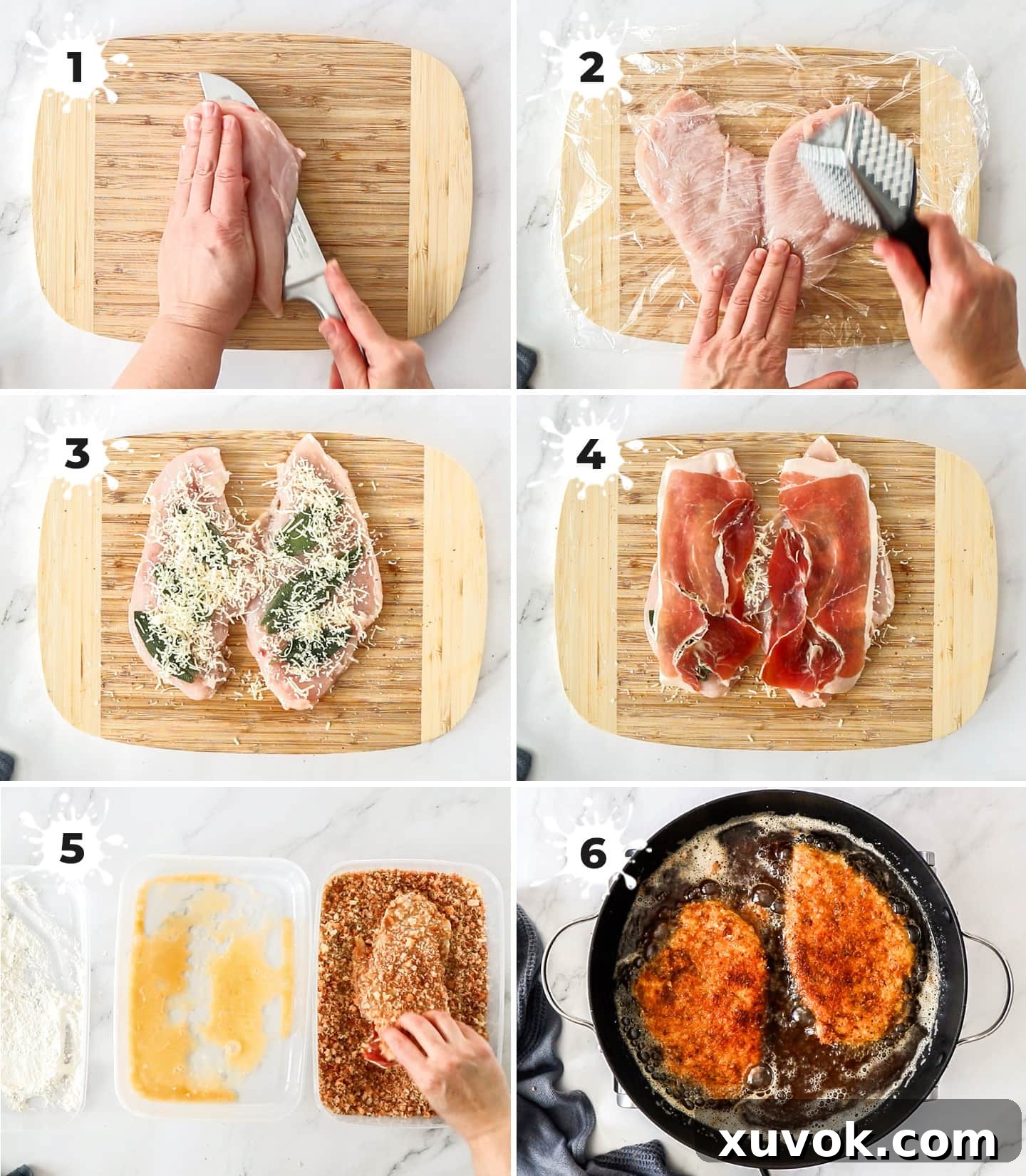 A step-by-step collage showing the process of making Saltimbocca chicken schnitzel, from slicing and pounding chicken to breading and frying.