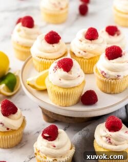 A batch of cupcakes topped with raspberries on a white plate.