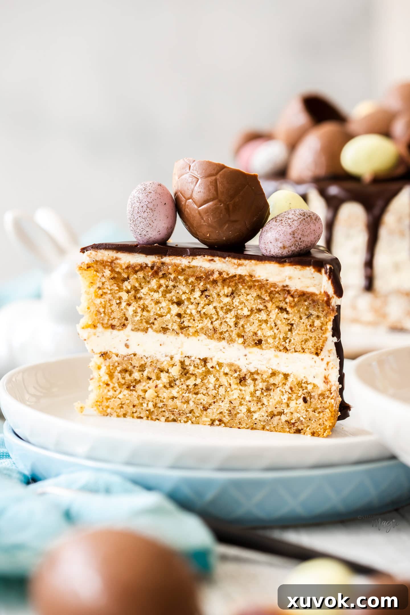 A perfectly sliced piece of hazelnut cake, showcasing its moist crumb and layers of whipped buttercream, elegantly presented on a dessert plate.
